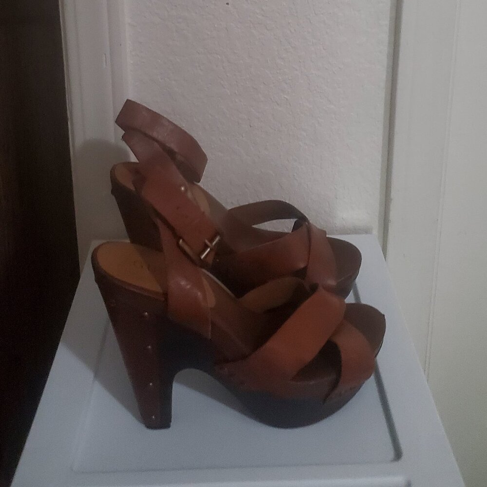 Guess Marciano Brown Platform Leather Studded Sandal Heel